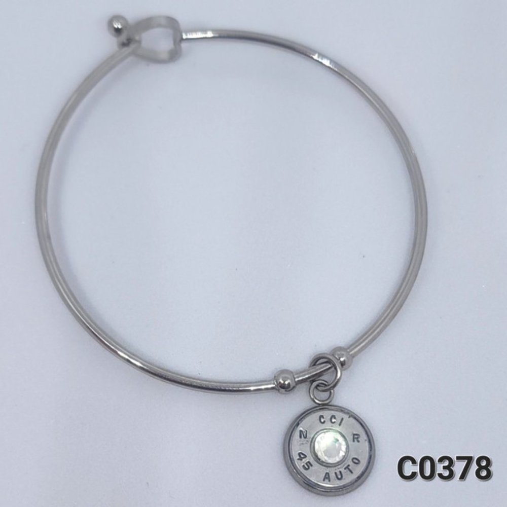 45 Caliber Clear Crystal Heart Stainless Steel Bangle Bullet Bracelet